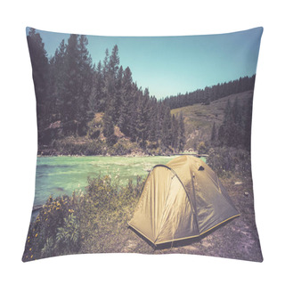 Personality  Tourism And Traveling Concept. Beautiful Summer Landscape With Mountains And Tourist Tent. Yellow Stands Near The Lake In The Mountains. Bright Sunny Day In The Mountains. Pillow Covers