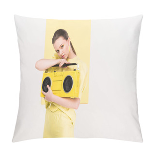 Personality  Stylish Girl Holding Retro Boombox And Posing With Copy Space And Limelight On Background Pillow Covers