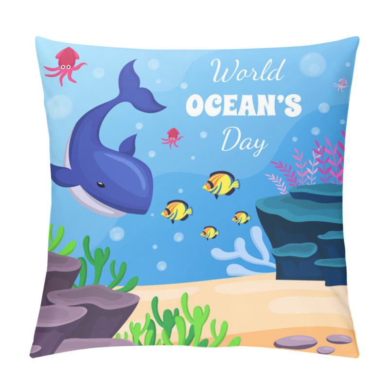 Personality  World oceans day 8 June. Save the ocean. World oceans day design with underwater ocean. Fish were swimming underwater with beautiful coral and seaweed background vector illustration.  pillow covers