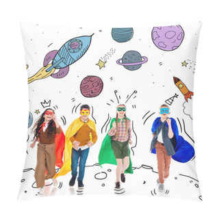 Personality  Happy Kids In Superhero Costumes And Masks Running Near Planets On White Pillow Covers