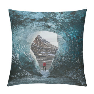 Personality  Traveler With A Backpack In An Ice Cave. Man Standing On The Glacier Vatnajokull In Iceland. Epic Landscape In Iceland. Travel And Adventure Concept. Pillow Covers