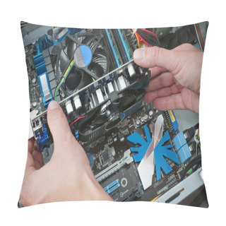 Personality  Technician Setting A Video Card To The Mother-board Of A Personal Computer Pillow Covers