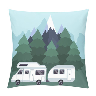 Personality  Camping Travel Landscape. Camping Van On A Camping Site. Road Trip Concept. Flat Vector Illustration Pillow Covers