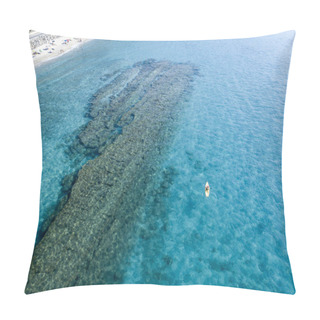 Personality  Aerial View Of A Canoe In The Water Floating On A Transparent Sea. Bathers At Sea. Zambrone, Calabria, Italy. Diving Relaxation And Summer Vacations. Italian Coasts, Beaches And Rocks Pillow Covers