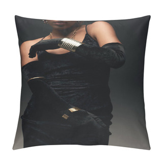 Personality  Cropped View Of Elegant African American Woman In Stylish Dress, Gloves And Golden Accessories Posing And Standing In Light Isolated On Black, High Fashion And Evening Look Pillow Covers