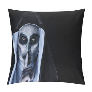 Personality  Closeup Of A Frightening Evil Nun, Wearing A Typical Black And White Habit, Asking For Silence, Against A Black Background With A Blank Space On The Right Pillow Covers