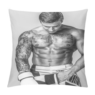 Personality  A Muscled And Tattooed Man Is Putting On Boxing Gloves Pillow Covers