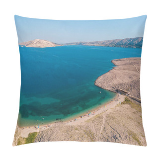 Personality  Aerial View Of Rucica Beach On Pag Island, Metajna, Croatia. Seabed And Beach Seen From Above, Bathers, Relaxation And Summer Holidays. Promontories And Cliffs Of Croatian Coasts. Pillow Covers