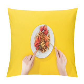 Personality  Cropped View Of Woman Cutting Waffle On Plate On Yellow Pillow Covers
