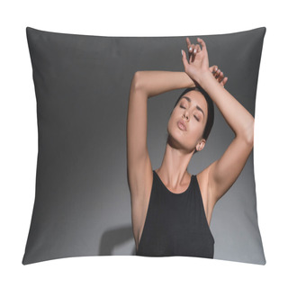 Personality  Beautiful Young Model Posing With Closed Eyes On Black Background With Copy Space Pillow Covers