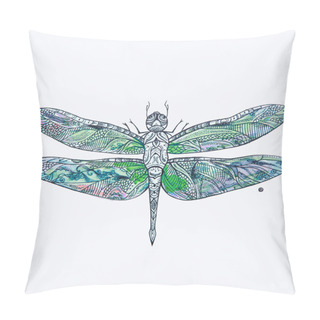 Personality  A Sketch Of A Beautiful Blue Dragonfly On A White Background. Pillow Covers