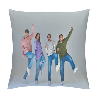 Personality  Multicultural Happy Friends In Urban Outfits Jumping And Having Great Time, Cultural Diversity Pillow Covers