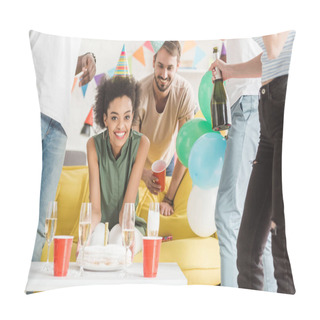 Personality  Happy Young Men And Woman Celebrating With Champagne And Birthday Cake Pillow Covers