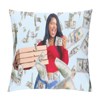 Personality  Hispanic Woman With Long Hair Holding Delivery Pizza Box Screaming Proud, Celebrating Victory And Success Very Excited With Raised Arms Pillow Covers