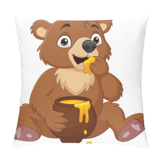 Personality  Vector Illustration Of Cartoon Baby Bear Sitting And Eating Honey From The Pot Pillow Covers