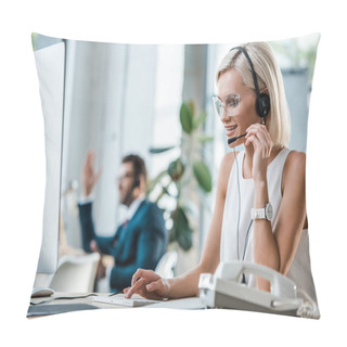 Personality  Selective Focus Of Happy Operator Typing On Computer Keyboard Near Coworker  Pillow Covers