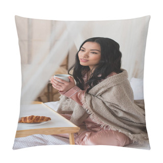 Personality  Young Asian Woman In Silk Pajamas And Blanket Sitting On Bed With Coffee Cup Near Table With Croissant In Bedroom Pillow Covers