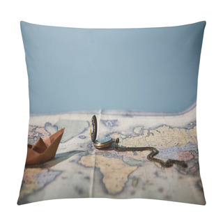 Personality  Selective Focus Of Map, Compass And Paper Boat With Copy Space Isolated On Blue  Pillow Covers