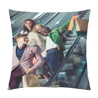 Personality  Happy Young Multiethnic Shoppers On Escalator At Mall With Packages Pillow Covers