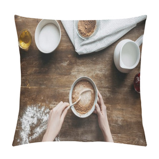 Personality  Cropped Shot Of Woman Preparing Liquid For Baking Pancakes On Wooden Table Pillow Covers