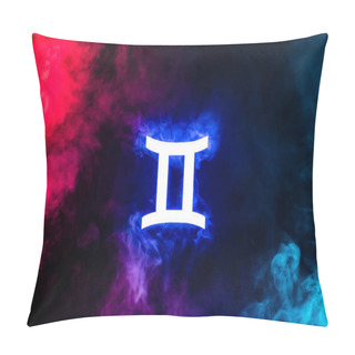 Personality  Blue Illuminated Gemini Zodiac Sign With Colorful Smoke On Background Pillow Covers