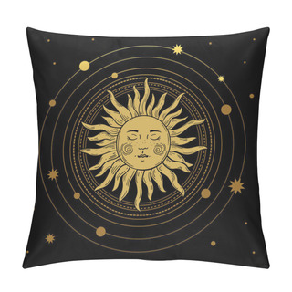 Personality  Vector Illustration In Vintage Mystical Style, Boho Design, Tattoo, Tarot. The Device Of The Universe With A Golden Sun, Moon, Planets And Orbits Against The Background Of Black Space. Pillow Covers