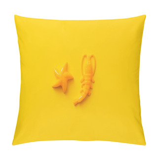 Personality  Top View Of Bright Plastic Shrimp And Starfish On Yellow Background Pillow Covers
