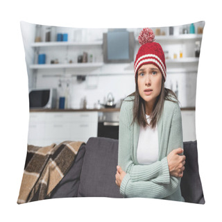 Personality  Freezing Woman In Knitted Hat Hugging Herself While Sitting In Cold Kitchen Pillow Covers