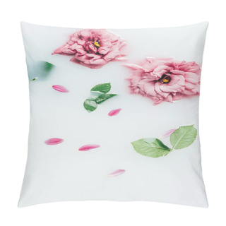 Personality  Top View Of Arranged Beautiful Pink Roses With Green Leaves In Milk Pillow Covers