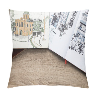 Personality  Top View Of Drawings In Albums On Wooden Background Pillow Covers