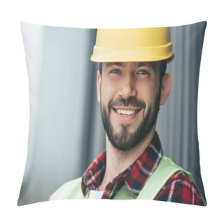 Personality  Portrait Of Male Smiling Worker In Yellow Helmet  Pillow Covers