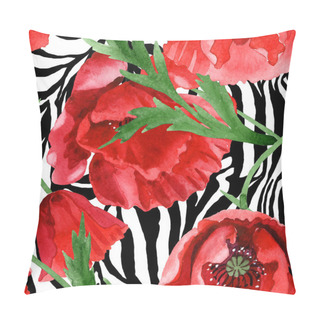 Personality  Red Poppies With Green Leaves Watercolor Illustration Set. Seamless Background Pattern.  Pillow Covers
