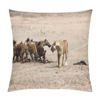 Personality  Wide Shot Of A Lion And Hyenas In A Field Pillow Covers