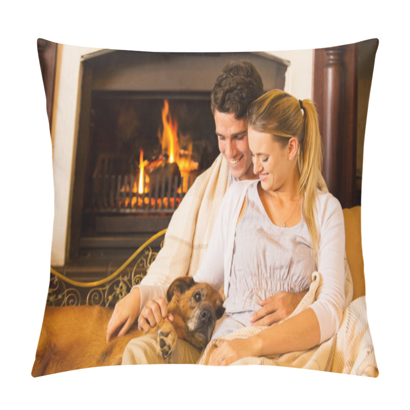 Personality  Couple sitting by fireplace with their pet dog pillow covers