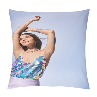 Personality  A Young Woman With Brunette Hair Wearing A Blue Tank Top And A Purple Skirt Poses In A Studio Setting. Pillow Covers