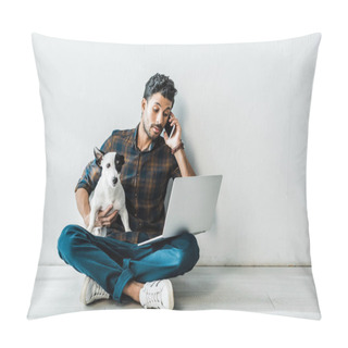 Personality  Handsome Bi-racial Man Talking On Smartphone And Holding Jack Russell Terrier Pillow Covers