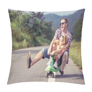 Personality  Father And Daughter Playing On The Road. Pillow Covers