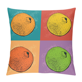 Personality  Pop Art Vector Illustration With  Hand Drawn Citrus Fruit. Mandarin Orange, Tangerine, Lime, Grapefruit, Lemon On Colorful Background. Detailed Vegetarian Food Pattern. Pillow Covers