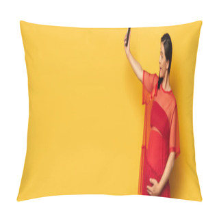 Personality  Horizontal Image Of Pregnant Woman In Red Tunic Taking Selfie On Smartphone On Yellow Pillow Covers