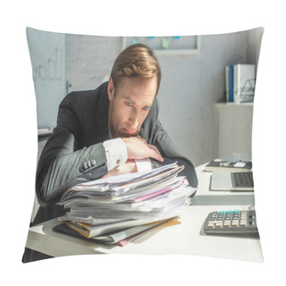 Personality  Disappointed Businessman Leaning On Pile Of Papers, While Sitting At Workplace On Blurred Background Pillow Covers