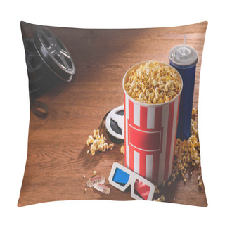Personality  Close Up View Of Paper Bucket With Popcorn, Soda Drink, 3d Glasses On Wooden Tabletop Pillow Covers