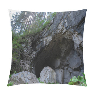 Personality  A Cave In The Rock Overgrown With A Pine Forest Pillow Covers