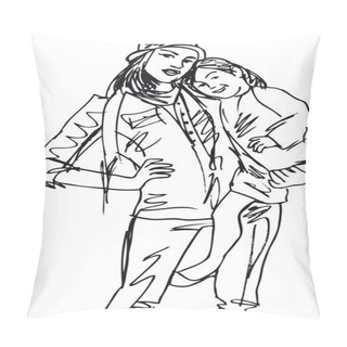 Personality Sketch Of Little Girl Having Fun With Her Beautiful Mother. Vect Pillow Covers