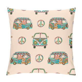 Personality  Seamless Pattern With Colorful Hippie Camper Bus And Symbol Peacel In Zentangle Style. Pillow Covers