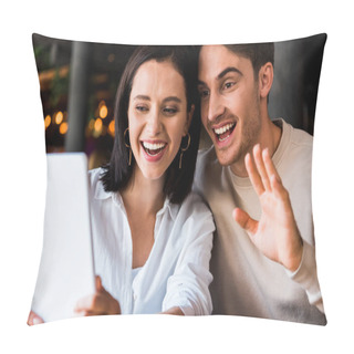 Personality  Happy Woman Looking At Digital Tablet Near Cheerful Man Waving Hand  Pillow Covers