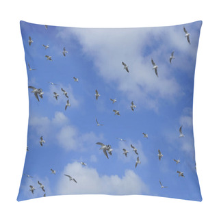 Personality  A Flock Of Birds Flying Against The Blue Sky With Clouds. Awakening Of Nature In Spring, Free Flight Pillow Covers