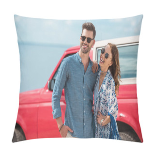 Personality  Happy Beautiful Couple Hugging Near Red Jeep Pillow Covers