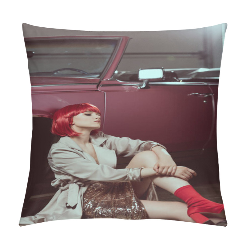 Personality  Beautiful Young Woman In Fashionable Trench Coat Sitting Near Retro Car  Pillow Covers