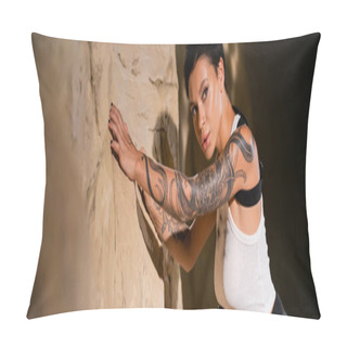 Personality  Tattooed Young Archaeologist With Shirt Hair Leaning On Rock, Banner Pillow Covers
