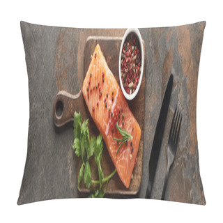 Personality  Top View Of Raw Fresh Salmon With Peppercorns, Parsley On Wooden Cutting Board Near Cutlery, Panoramic Shot Pillow Covers